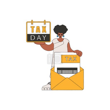 Téléchargez les illustrations : A fashionable girl holds a calendar in her hand. TAX day. The topic of paying taxes. - en licence libre de droit