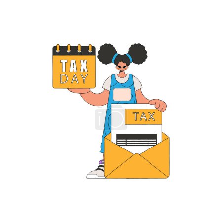 Téléchargez les illustrations : Une fille branchée rime avec un calendrier à la main. Jour de l'impôt. Le thème du paiement des impôts. - en licence libre de droit