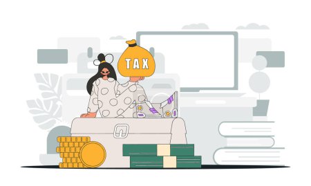Téléchargez les illustrations : Fashionable girl rerzhit in her hand a bag with taxes. Graphic illustration on the theme of tax payments. - en licence libre de droit
