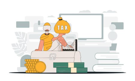 Téléchargez les illustrations : A fashionable man holds a bag of taxes in his hand. Graphic illustration on the theme of tax payments. - en licence libre de droit
