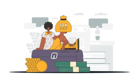 Téléchargez les illustrations : A fashionable man holds a bag of taxes in his hand. An illustration demonstrating the importance of paying taxes for economic development. - en licence libre de droit