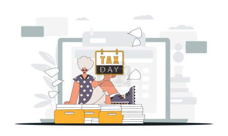 Téléchargez les illustrations : An elegant man holds a calendar in his hand. TAX day. An illustration demonstrating the correct payment of taxes. - en licence libre de droit
