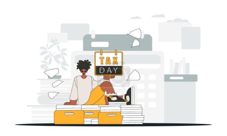 Téléchargez les illustrations : A fashionable man holds a calendar in his hand. TAX day. An illustration demonstrating the importance of paying taxes for economic development. - en licence libre de droit