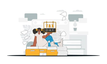 Téléchargez les illustrations : Fashionable girl holds a calendar in her hand. TAX day. Graphic illustration on the theme of tax payments. - en licence libre de droit
