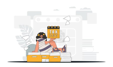 Téléchargez les illustrations : Graceful girl holds a calendal in her hand. TAX day. Graphic illustration on the theme of tax payments. - en licence libre de droit