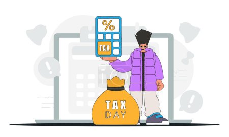 Téléchargez les illustrations : Un homme élégant tient une calculatrice dans sa main Illustration graphique sur le thème des paiements d'impôts. - en licence libre de droit