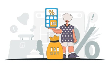 Téléchargez les illustrations : Un homme élégant tient une calculatrice dans sa main Une illustration démontrant l'importance de payer des impôts pour le développement de l'économie. - en licence libre de droit