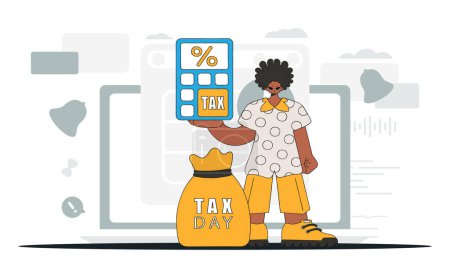 Téléchargez les illustrations : An elegant man holds a calculator in his hand Illustration demonstrating the correct payment of taxes. - en licence libre de droit