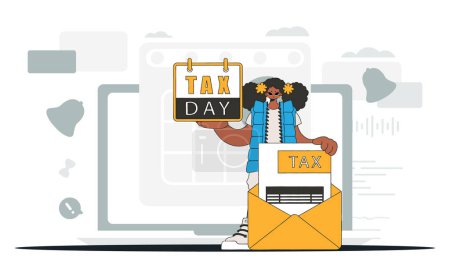 Téléchargez les illustrations : Gorgeous girl holds a calendal in her hand. TAX day. An illustration demonstrating the importance of paying taxes for economic development. - en licence libre de droit