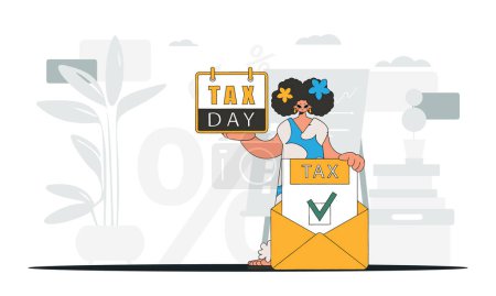 Téléchargez les illustrations : Une fille cultivée tient un calendrier dans sa main. Jour de l'impôt. Illustration graphique sur le thème des paiements d'impôts. - en licence libre de droit