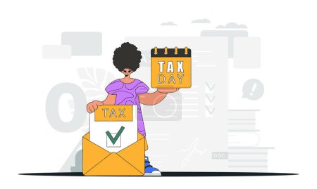 Téléchargez les illustrations : Trendy man holds a calendal in his hand. TAX day. Graphic illustration on the theme of tax payments. - en licence libre de droit