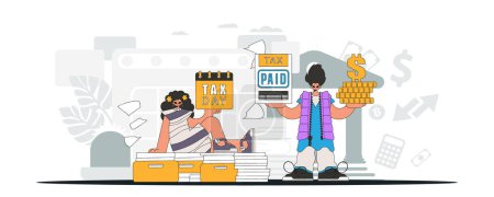 Illustration for Gorgeous guy and girl demonstrate paying taxes. An illustration demonstrating the correct payment of taxes. - Royalty Free Image