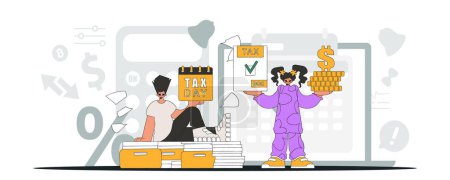 Illustration for Elegant guy and girl demonstrate paying taxes. An illustration demonstrating the importance of paying taxes for economic development. - Royalty Free Image