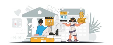 Illustration for An elegant guy and a girl are engaged in paying taxes. Graphic illustration on the theme of tax payments. - Royalty Free Image