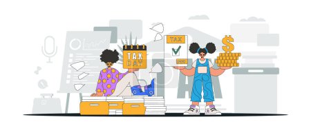 Illustration for Elegant girl and guy demonstrate paying taxes. An illustration demonstrating the importance of paying taxes for economic development. - Royalty Free Image