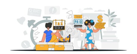 Illustration for Elegant girl and guy demonstrate paying taxes. Graphic illustration on the theme of tax payments. - Royalty Free Image