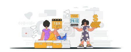 Illustration for An elegant girl and a guy are engaged in paying taxes. Graphic illustration on the theme of tax payments. - Royalty Free Image
