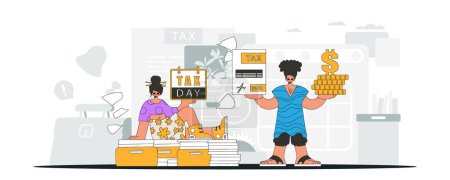 Téléchargez les illustrations : An elegant girl and a guy are engaged in paying taxes. An illustration demonstrating the correct payment of taxes. - en licence libre de droit