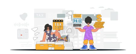 Illustration for Fashionable guy and girl demonstrate paying taxes. Graphic illustration on the theme of tax payments. - Royalty Free Image