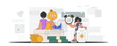 Illustration for Fashionable guy and girl are engaged in paying taxes. An illustration demonstrating the correct payment of taxes. - Royalty Free Image