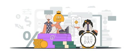 Illustration for Fashionable girl and guy demonstrate paying taxes. An illustration demonstrating the importance of paying taxes for economic development. - Royalty Free Image