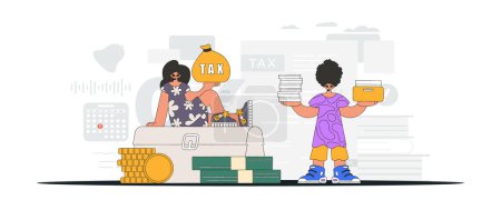Ilustración de Fashionable girl and guy are engaged in paying taxes. An illustration demonstrating the correct payment of taxes. - Imagen libre de derechos