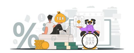 Ilustración de Fashionable girl and guy demonstrate paying taxes. An illustration demonstrating the correct payment of taxes. - Imagen libre de derechos