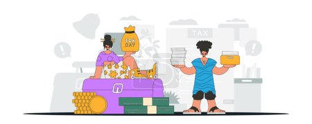 Illustration for Graceful guy and girl demonstrate paying taxes. Graphic illustration on the theme of tax payments. - Royalty Free Image
