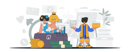 Illustration for Graceful guy and girl demonstrate paying taxes. An illustration demonstrating the correct payment of taxes. - Royalty Free Image
