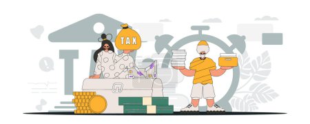 Illustration for A graceful guy and a girl are engaged in paying taxes. Graphic illustration on the theme of tax payments. - Royalty Free Image