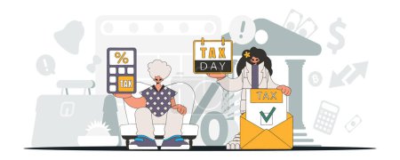 Illustration for Elegant guy and girl demonstrate paying taxes. Graphic illustration on the theme of tax payments. - Royalty Free Image