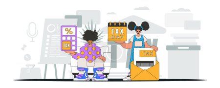 Ilustración de An elegant guy and a girl are engaged in paying taxes. An illustration demonstrating the correct payment of taxes. - Imagen libre de derechos