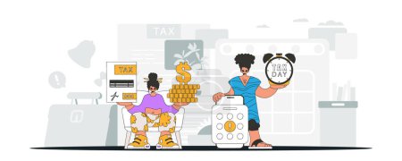Ilustración de Gorgeous guy and girl demonstrate paying taxes. An illustration demonstrating the importance of paying taxes for economic development. - Imagen libre de derechos