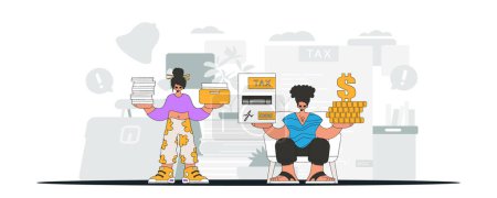 Illustration for Fashionable guy and girl demonstrate paying taxes. Graphic illustration on the theme of tax payments. - Royalty Free Image