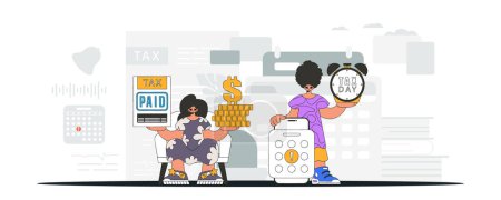 Illustration for Fashionable guy and girl demonstrate paying taxes. An illustration demonstrating the importance of paying taxes for economic development. - Royalty Free Image