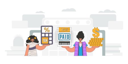 Illustration for Fashionable girl and guy demonstrate paying taxes. Graphic illustration on the theme of tax payments. - Royalty Free Image