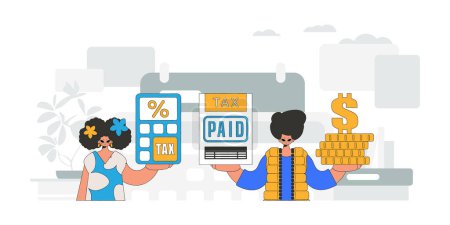 Illustration for Fashionable girl and guy are engaged in paying taxes. Graphic illustration on the theme of tax payments. - Royalty Free Image