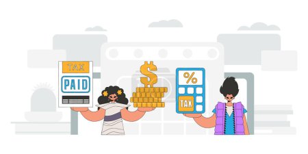 Illustration for Graceful guy and girl demonstrate paying taxes. An illustration demonstrating the importance of paying taxes for economic development. - Royalty Free Image
