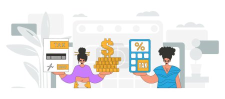 Illustration for Graceful girl and guy demonstrate paying taxes. Graphic illustration on the theme of tax payments. - Royalty Free Image