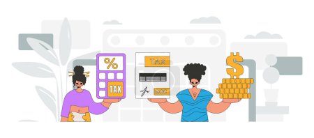 Illustration for A graceful girl and a guy are engaged in paying taxes. Graphic illustration on the theme of tax payments. - Royalty Free Image