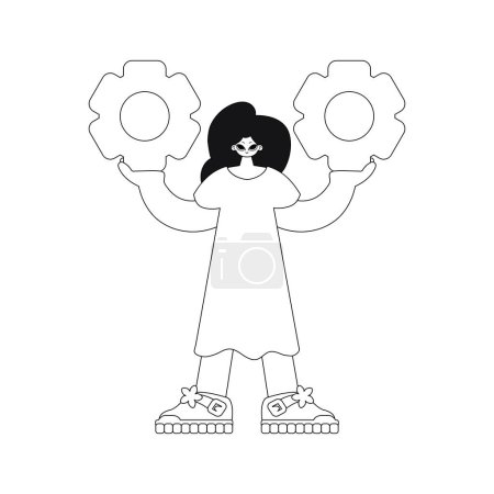 Illustration for Girl holds gears in hands. Linear illustration in vector. - Royalty Free Image