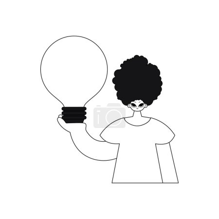 Illustration for He holds a lightbulb. ideas concept in linear vector illustration. - Royalty Free Image