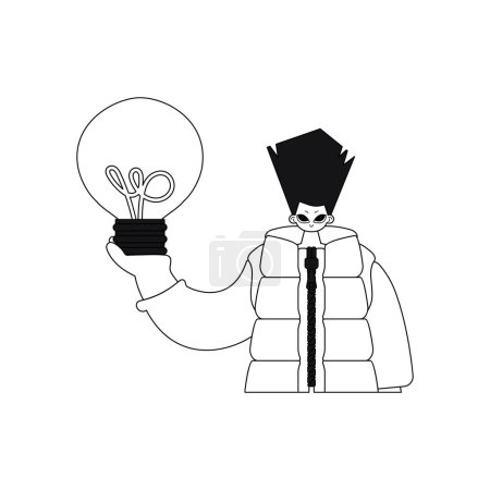 Illustration for Man holds light bulb. symbol of ideas, linear style vector artwork. - Royalty Free Image