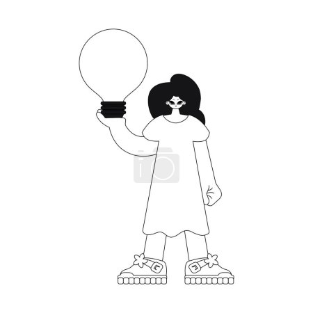 Illustration for Girl grasps idea with lightbulb in hand. linear style vector illustration captures concept. - Royalty Free Image