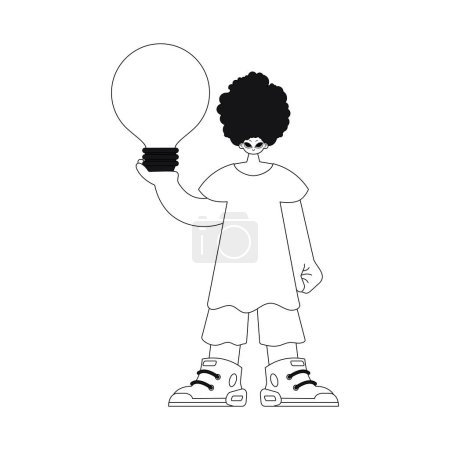 Illustration for Man holds a light bulb, representing ideas. Linear style vector illustration. - Royalty Free Image