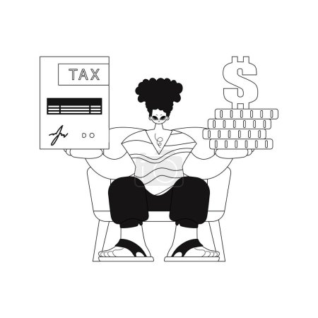 Illustration for The guy holds a tax return and a pile of coins in his hands. Vector image. - Royalty Free Image