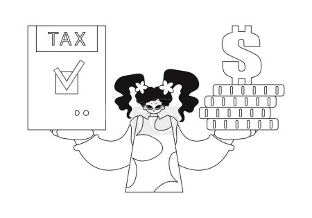 Illustration for Girl holds tax return and stack of coins in their hands, depicted in a linear style illustration. - Royalty Free Image