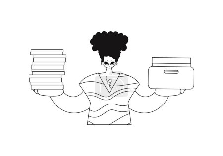 Illustration for Guy with stacks of papers in linear styling. Vector illustration. - Royalty Free Image