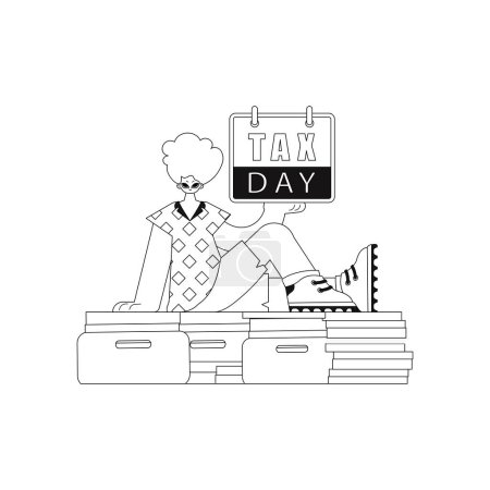 Illustration for He sits atop a mound of paperwork, holding a calendar. tax time looming, linear artwork vectorised. - Royalty Free Image