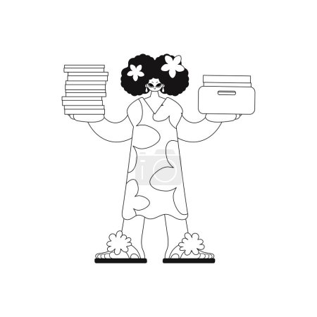 Illustration for Girl stacks documents, linear vector illustration. - Royalty Free Image